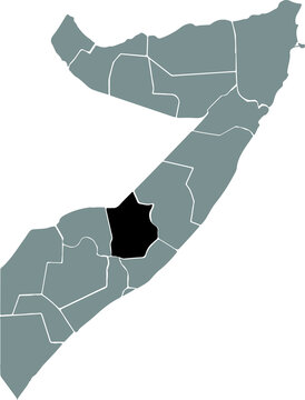 Black highlighted location map of the Somali Hiran region inside gray map of the Federal Republic of Somalia