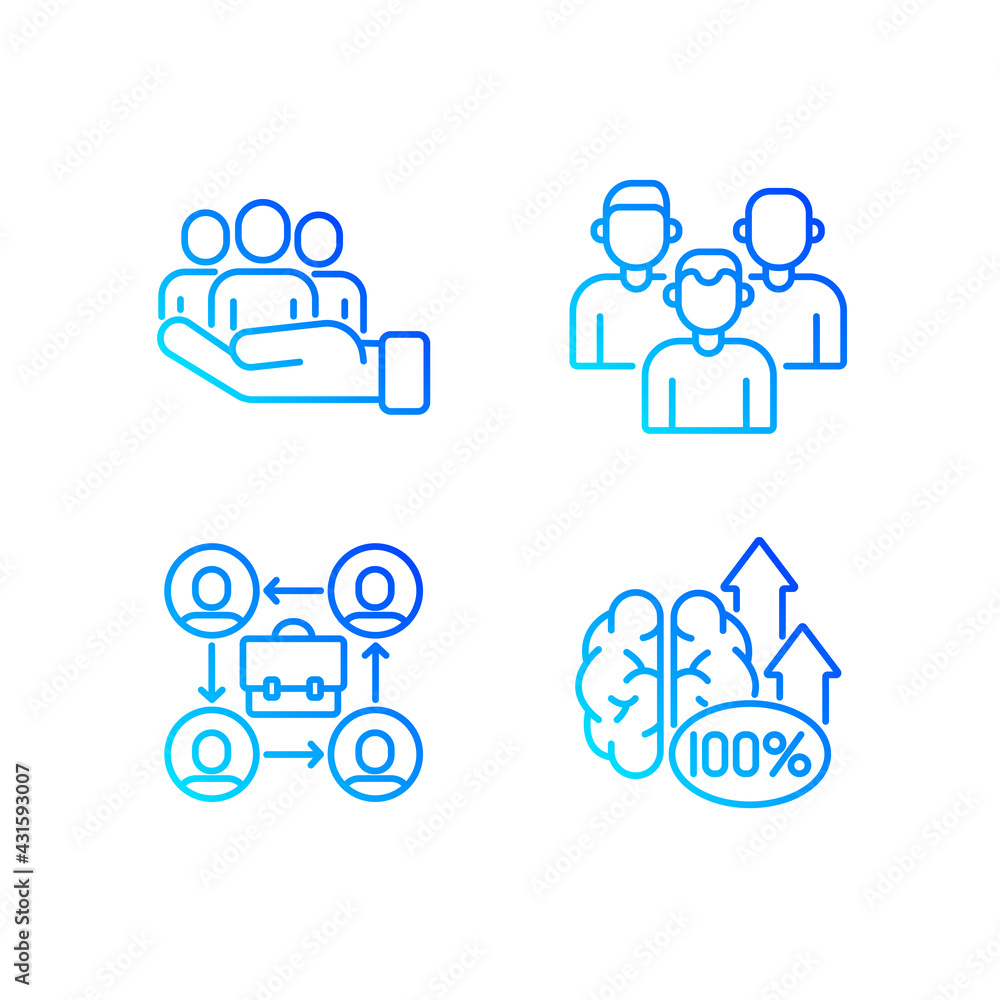 Poster teamwork related vector linear gradient icons set. contains icons such as synergy, collaboration, re