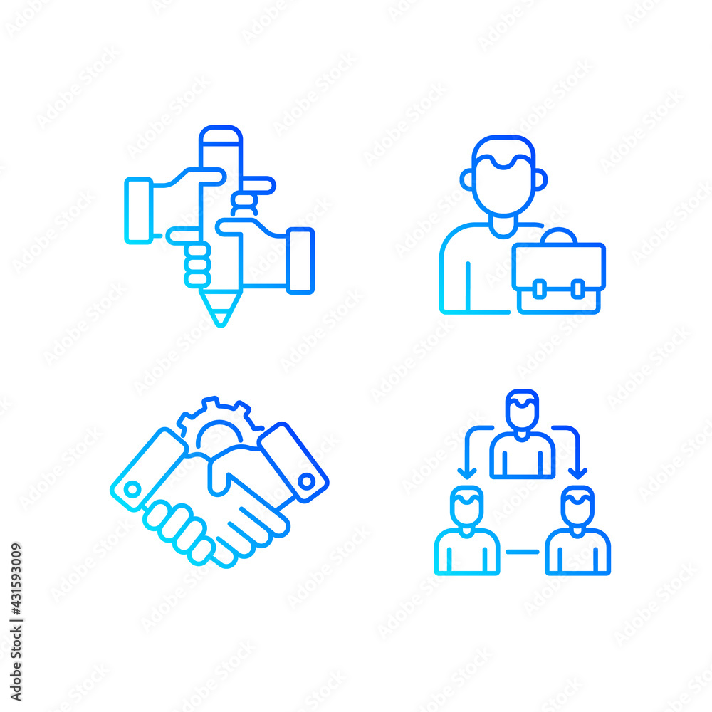 Poster teamwork related vector linear gradient icons set. contains icons such as synergy, collaboration, re