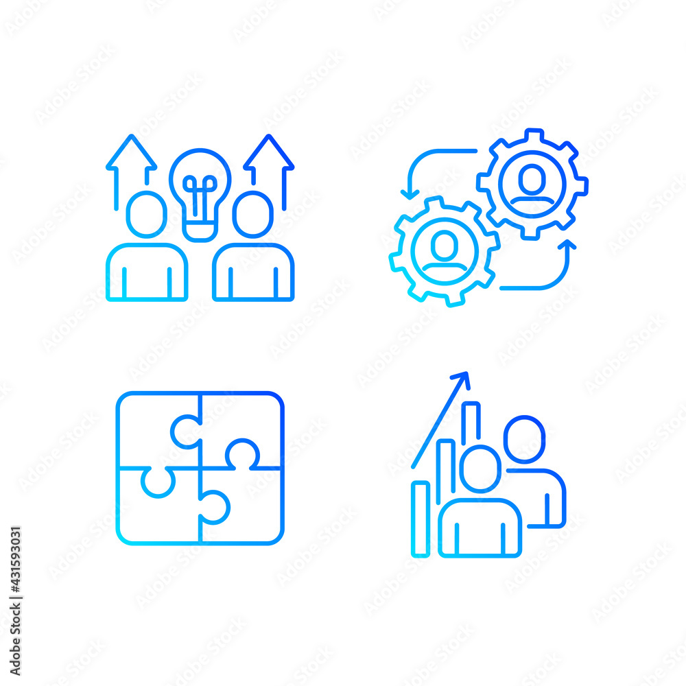 Poster teamwork related vector linear gradient icons set. contains icons such as synergy, collaboration, re