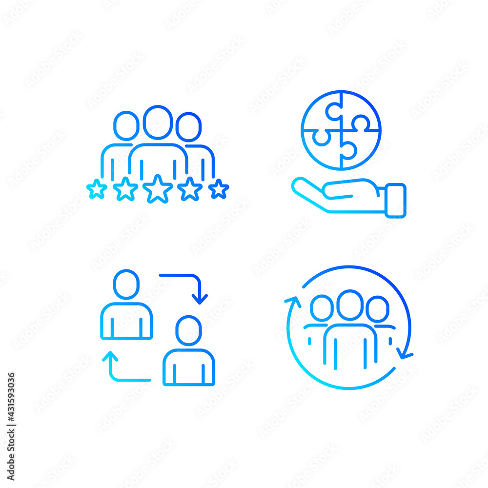 Poster teamwork related vector linear gradient icons set. contains icons such as synergy, collaboration, re