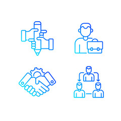 Teamwork related vector linear gradient icons set. Contains icons such as synergy, collaboration, research, meetings and more.