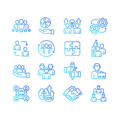 Teamwork related vector linear gradient icons set. Contains icons such as synergy, collaboration, research, meetings and more.