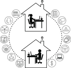 Work from home vector icons. Freelance home office technology, remote work, working at home, distance work, online job concept. Silhouette of a man and a woman working at laptop in a house. EPS 10