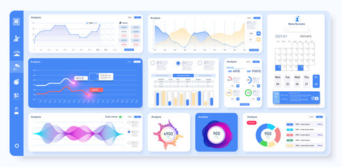 Dashboard UI, UX, KIT admin panel. Colorful infographics or diagrams templates, clean and simple app interface. Analytical report information graphics elements. Website dashboard for ui and ux design