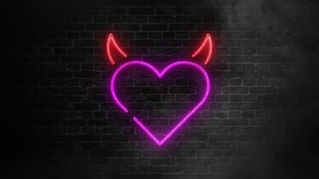 Demon or devil heart neon sign on brick wall background with smoke or fog effect.Bright banner used in adult sites, night club girls, sex shop, brothels, sex and porn concept.Horned heart silhouette 