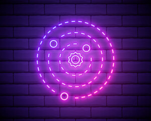 Glowing neon Solar system icon isolated on brick wall background. The planets revolve around the star. Vector Illustration © Skiffcha