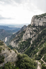 Picturesque landscape of Montserrat Rocky Mountain. View from Montserrat Benedictine abbey nearby Barcelona. Montserrat, Catalonia, Spain.