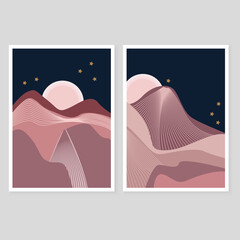 Set of posters with minimalist landscape design. Mountain night landscape with sunset. Modern design with art texture.
