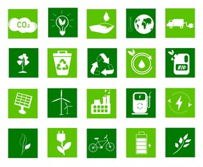Collection of eco icons. Environmentally friendly waste, treatment of industrial effluents and emissions. Caring for the environment. Natural energy, solar panels as an alternative. Vector image.	