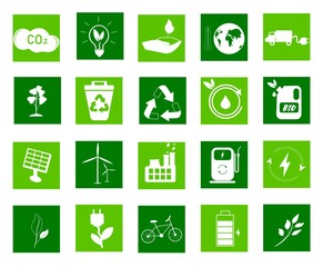 Collection of eco icons. Environmentally friendly waste, treatment of industrial effluents and emissions. Caring for the environment. Natural energy, solar panels as an alternative. Vector image.	