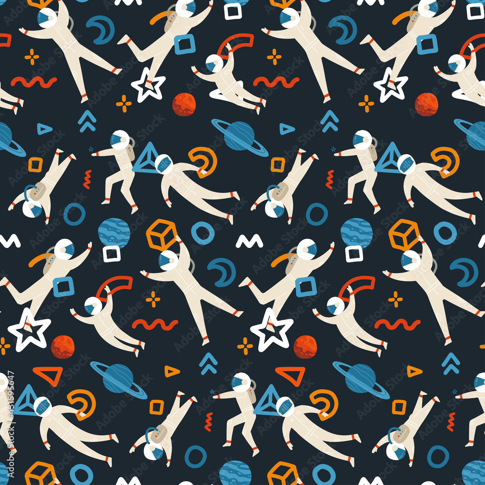 Aufkleber seamless pattern with abstract shapes and astronauts in a white suit in the universe. vector flat ha