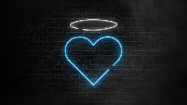   Neon led angel heart sign with holy halo and smoke or fog effect on brick wall background. Blue heart silhouette banner with flashing light. Concept of Happy Valentines Day and love. Animation 4k