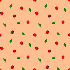Vector seamless pattern with small red ladybugs and leaves on a beige background in a flat style. Cute insect pattern for fabrics, children's clothing, packaging, pet stores
