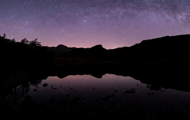 A panoramic view of the night sky over Blea Tarn