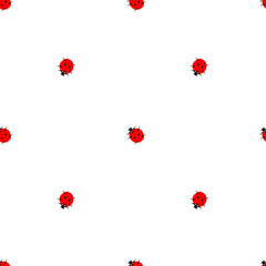 Vector seamless pattern with small red ladybugs on a white background in a flat style. Cute insect pattern for fabrics, children's clothing, packaging, pet stores