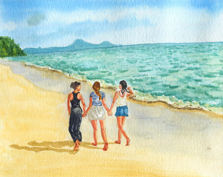 Ragazze che passeggiano sulla spiaggia