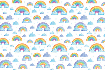 Watercolor rainbows and clouds background. Isolated on white watercolor rainbow and clouds for textile, fabric