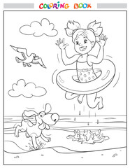 Black and white coloring book or illustration. Joyful girl and dog are jumping into the sea on the beach, a seagull is flying in the sky.