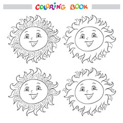 Coloring book or page with a collection of four smiling suns with different crowns or rays.