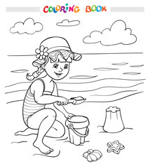 Coloring book or page. A happy girl plays in the sand on the beach near the sea, a cloud flies in the sky.