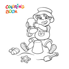 Coloring book or page. Happy child in shorts, t-shirt, and panama hat play in the sand and toys.