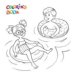 Coloring book or page. Happy children swim on rubber rings in the water
