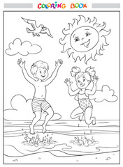 Black and white coloring book or illustration. Joyful girl and boy are jumping into the sea on the beach, the sun is smiling in the sky, clouds and a seagull is flying.