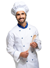 Handsome chef holding a wooden spoon