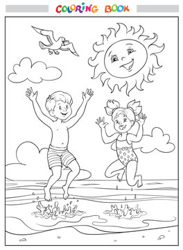 Black and white coloring book or illustration. Joyful girl and boy are jumping into the sea on the beach, the sun is smiling in the sky, clouds and a seagull is flying.