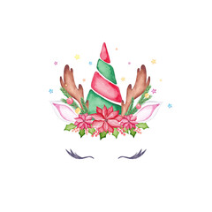 Watercolor Christmas unicorn face. Watercolor cartoon reindeer unicorn head with Xmas tree, poinsettia flower, holly crown and antlers.