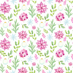 Watercolor Christmas seamless pattern with watercolor traditional seasonal elements. poinsettia, baubles, fir tree, star anise