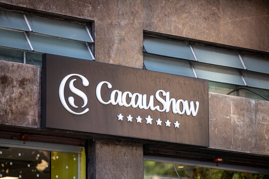 Cacau Show logo on the store facade in downtown Sao Paulo