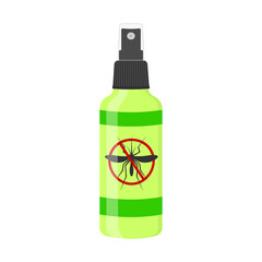 Mosquito spray isolated on white background. Repellent insect bottle with stop gnat sign. Vector cartoon illustration.
