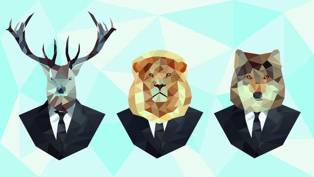 Low poly vector illustrations of lion, deer and wolf in jackets
