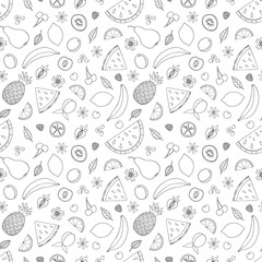 Seamless summer tropical fruits pattern isolated on white. Sketch style