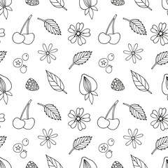 Hand drawn doodle berries in seamless vector summer pattern