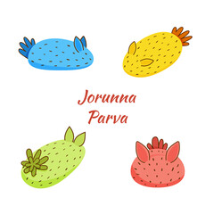 Jorunna Parva vector set. Cute colorful sea slugs isolated on white background