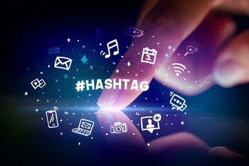 Finger touching tablet with social media icons concept concept