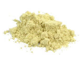 Yellow Sulfur (Sulphur) Colloidal Powder. Used for Plant Fungicidal Control, Soil Acid Control and Fertilizers, Colloidal Suspension, Matches and in Medicine. Isolated on White.