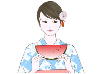 浴衣の女性_スイカ_正面_流し目
