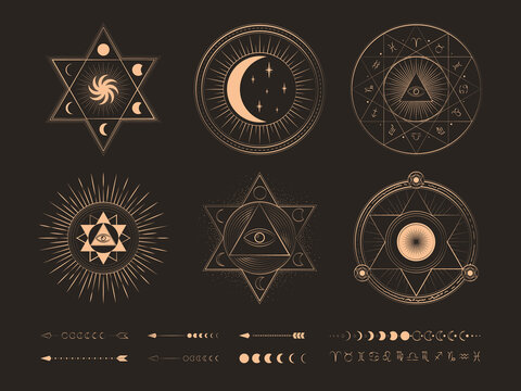 Witch Magic, Mystical and Astrology objects symbols. Golden mystery, witchcraft, occult, alchemy, mystical esoteric symbols