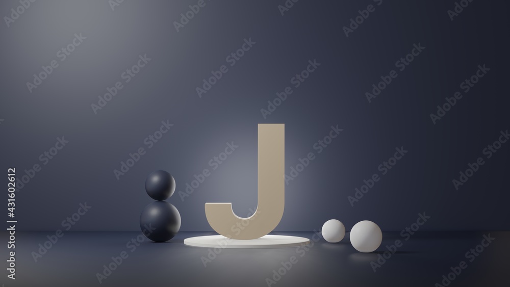 Fototapete j lettering in photo realistic rendering. 3d illustration alphabet with copy space. decoration eleme