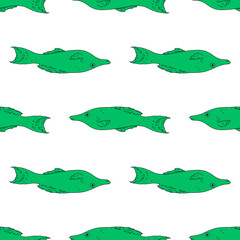Vector seamless pattern of green sea fish Gomphosus varius swimming in different directions on a white background. green tropical fish long body hand-drawn for design template