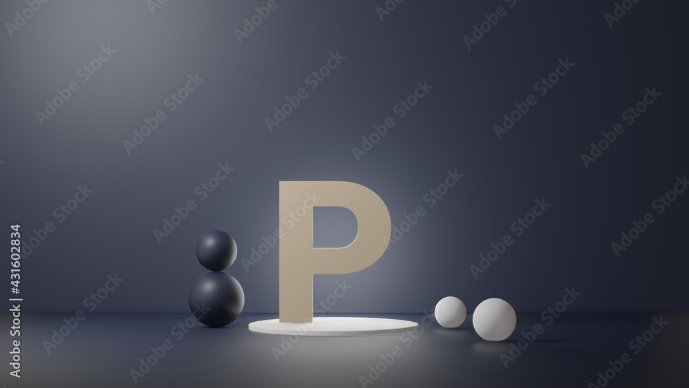 Fototapete p lettering in photo realistic rendering. 3d illustration alphabet with copy space. decoration eleme