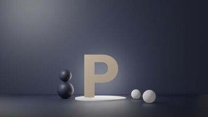 P Lettering in photo realistic rendering. 3D Illustration alphabet with copy space. Decoration element for background