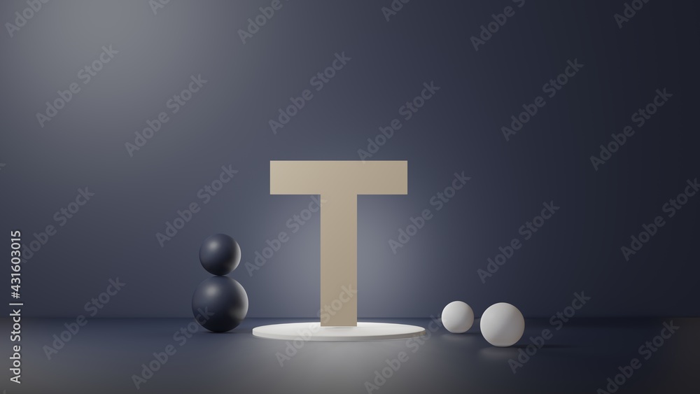 Poster t lettering in photo realistic rendering. 3d illustration alphabet with copy space. decoration eleme