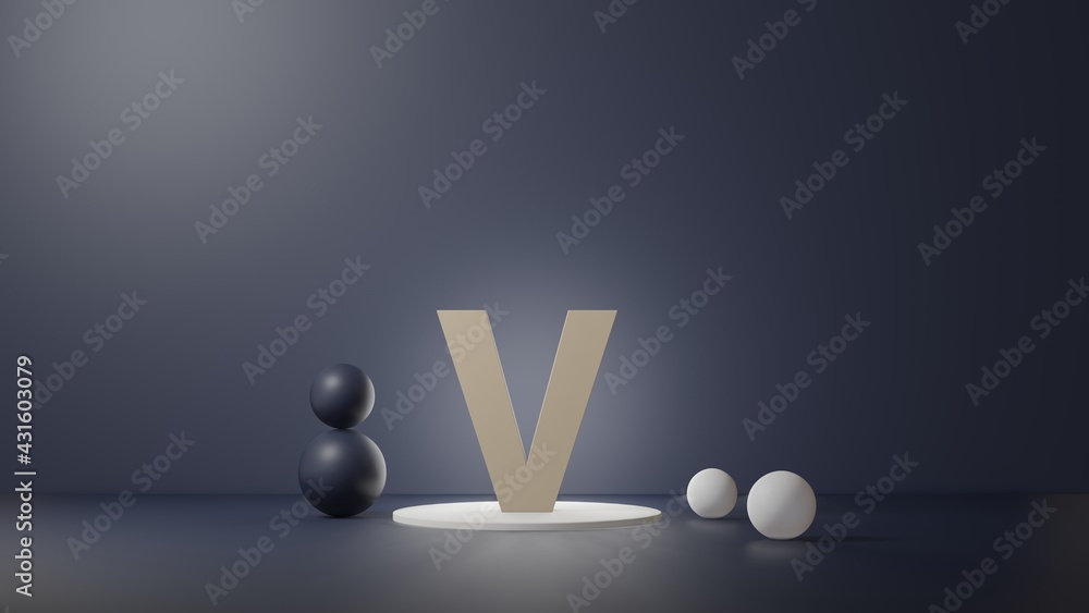 Fototapete v lettering in photo realistic rendering. 3d illustration alphabet with copy space. decoration eleme