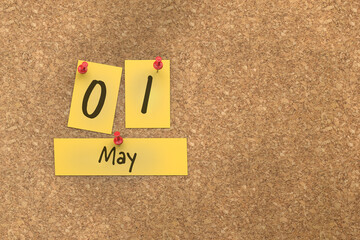 3d rendering of important days concept. May 1st. Day 1 of month. The date written on yellow papers is pinned to the cork board. Spring month, day of the year. Remind you an important event.