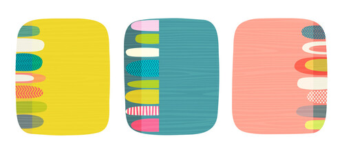 Set of bright retro abstract design templates with space for text or photo.  For social media, cards, posters, marketing.